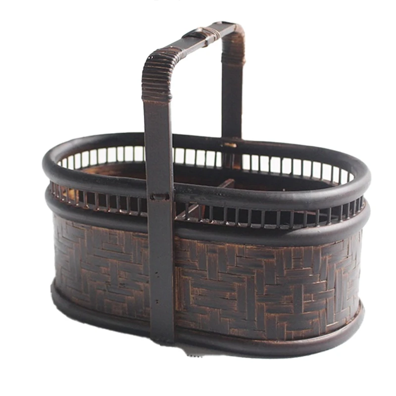 

Chinese Style Bamboo Weave Storage Basket Tea Set Storage Box Fruit Snacks Dessert Cake Plate Handmade Weave Basket