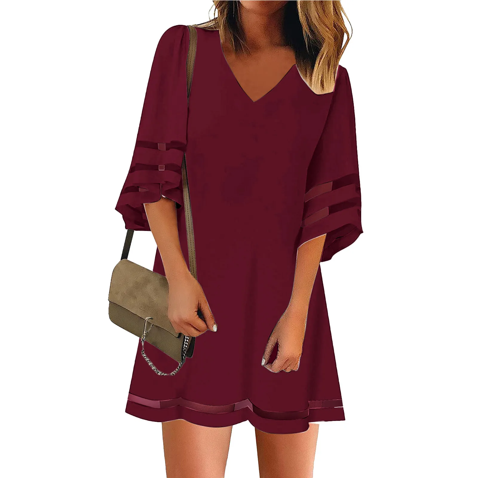 

Summer Women Casual Dresses V Neck Soild Color Three Quarter Sleeve Patchwork Beach Sundress Women Day Dresses