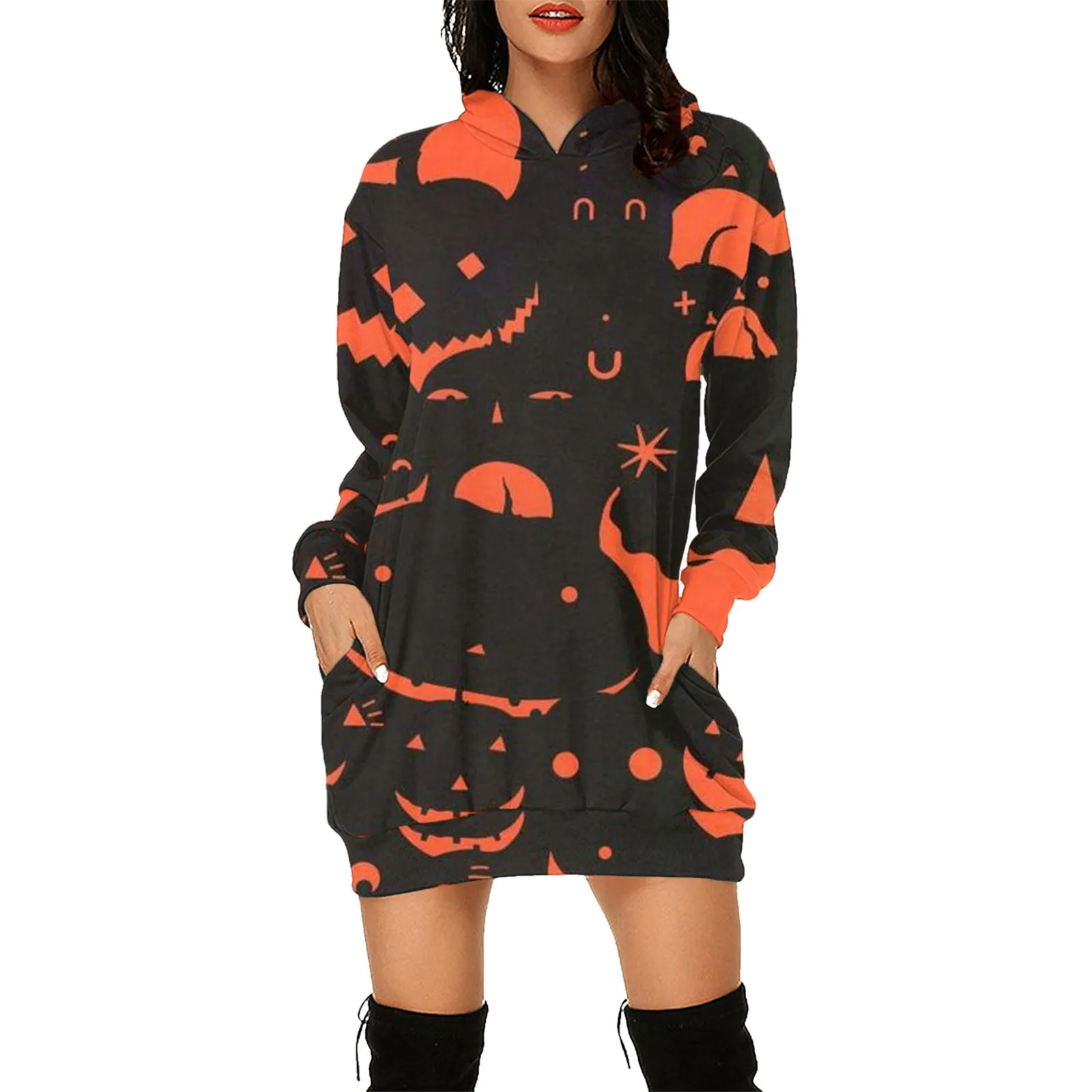 

Womens Small Sweatshirt Ladies Halloween Casual Print Pocket Long Sleeve Hooded Pullover Long Pack Hip Womens Athletic Hoodie