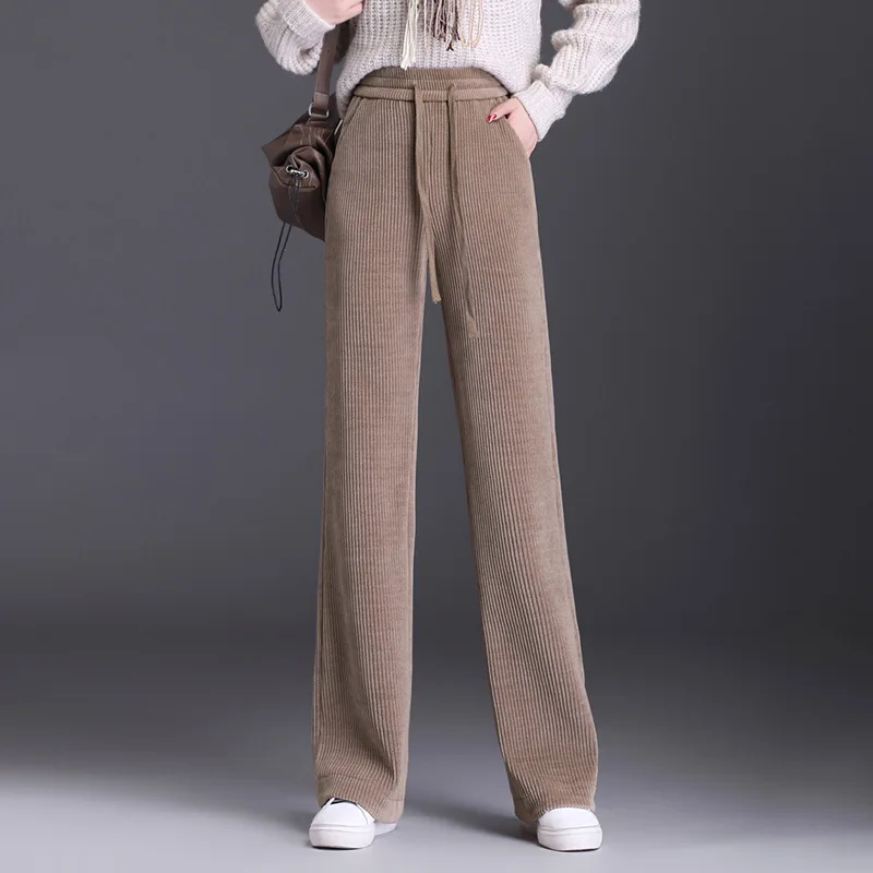 

Women Solid Color Wide Leg Casual Pants Autumn Winter Ladies Vintage Elegant Elastic High Waist Slim Straight Trousers 4XL 3088