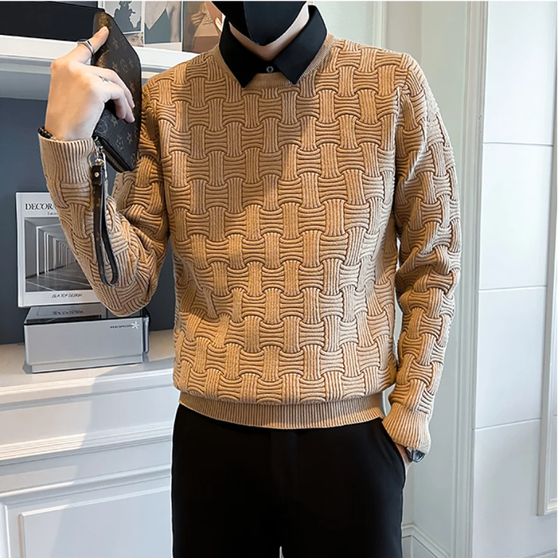 Shirt Collar Fake Two Sweaters/ High Quality Men's New Autumn Winter Solid Colors Slim Fit Casual Korean Thickened Knit Pullover