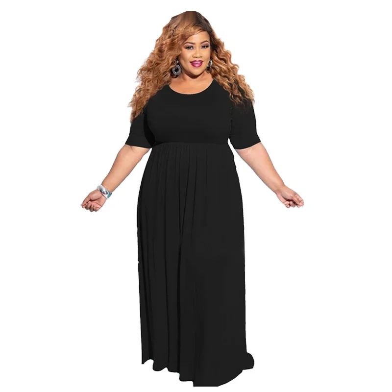 Plus Size Summer Round Collar Women Maxi Dresses Solid Short Sleeves Loose Casual Long Dresses Oversize 4xl 5x 3xl 4xl 5xl 6xl
