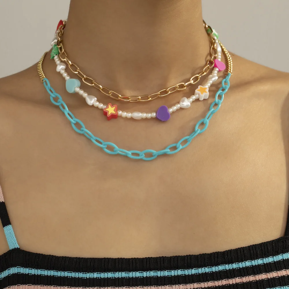 

Multi-layered Fashion Popular Creative Necklaces New Personality Flowers Star Chians for Women Simple Polymer Pearl Jewelry