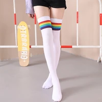 over above knee cotton socks womens rainbow striped ladies girls black white long winter thigh high stockings japanese style