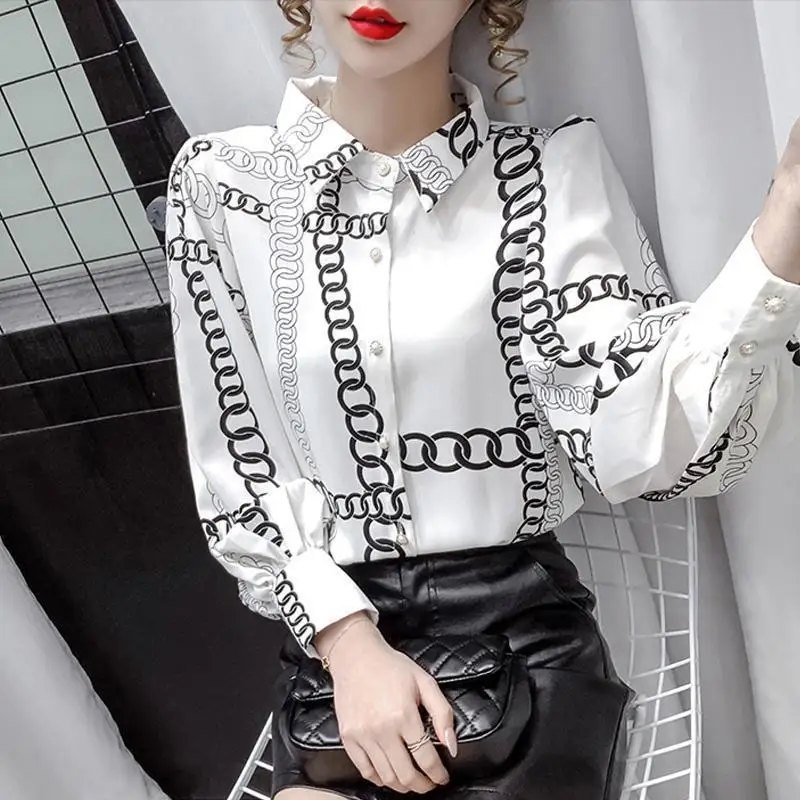 Spring New Chiffon Printing Shirt Tops Ladies Long Sleeve Loose Versatile Blouse Trend Korean Style Fashion Women Clothing