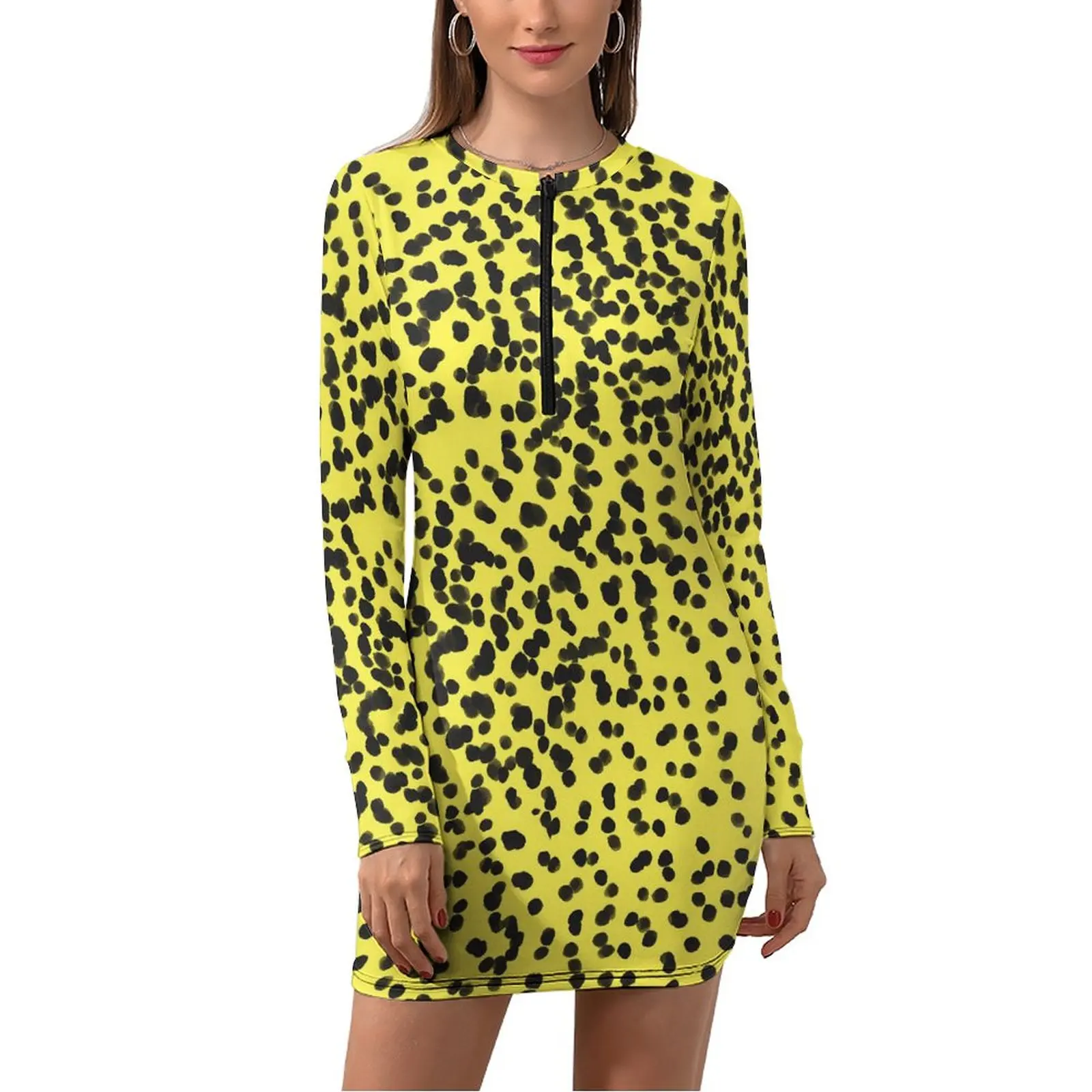 

Далматинское платье с длинным рукавом, черные, желтые Клубные платья в горошек, Осеннее женское облегающее платье с графическим принтом, большие размеры