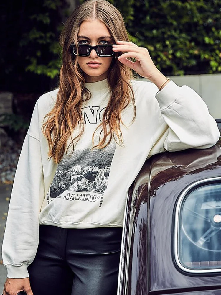 

Женский хлопковый свитшот в стиле ретро, белый пуловер с длинным рукавом и графическими буквами, весна-осень 2023