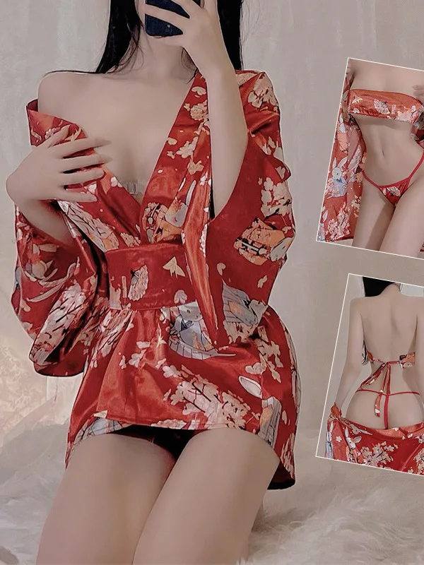 

Charm Passion Mature Gentle Fashion Sexy Lingerie Sexy Kimono Deep V Temptation Printed Thin Uniform Bed Passion Dress YAK8