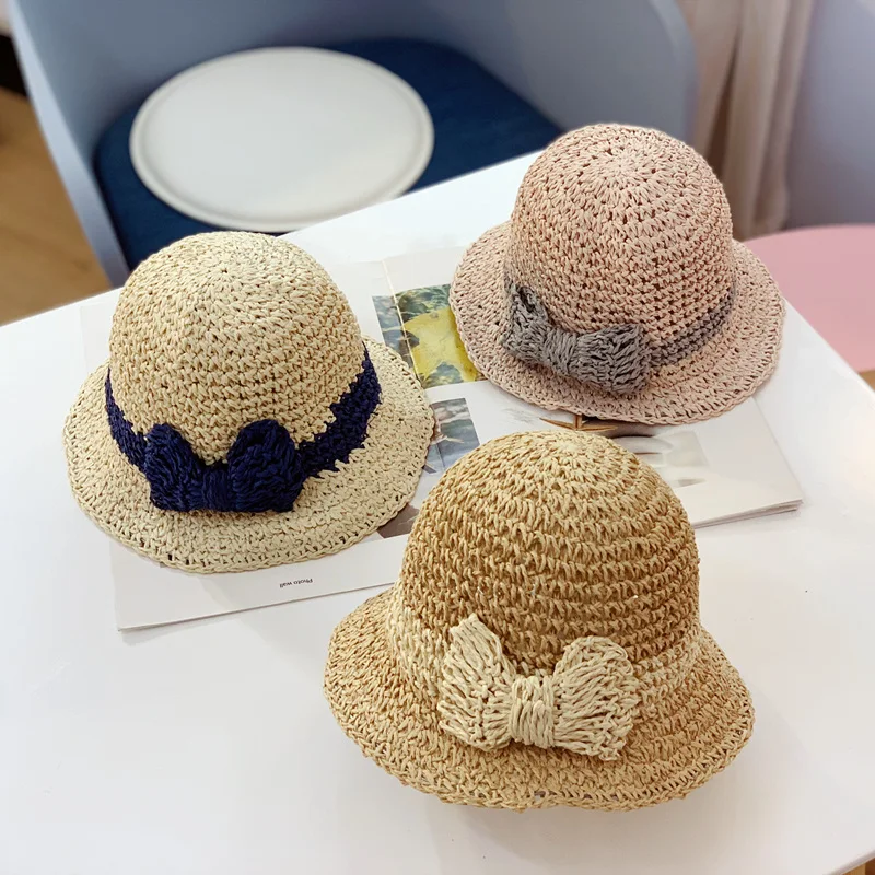 

Summer Girl Straw Hat Thin Breathable Sunshade Cool Anti-UV with Bow 1-3 Years Old Children Travel Beach Bucket Cap Sombreros