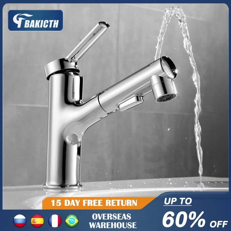 

Bakicth Pull Out Bathroom Basin Sink Faucet Rinser Sprayer 360 Rotate Gargle Brushing 3 Mode Mixer Tap Cold & Hot Basin Faucet