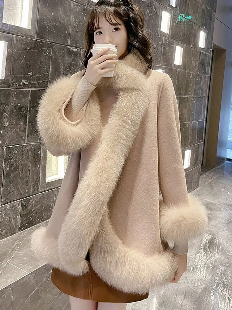 Fur 2022 Autumn Winter Coat Light Luxury New Loose Cape Shawl Faux Fox Fur Coats Lady Streetwear