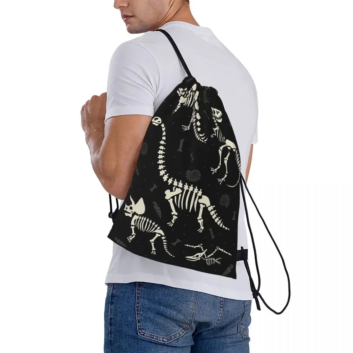 Черные рюкзаки с окаменелости динозавров сумки на шнурке карманная сумка для