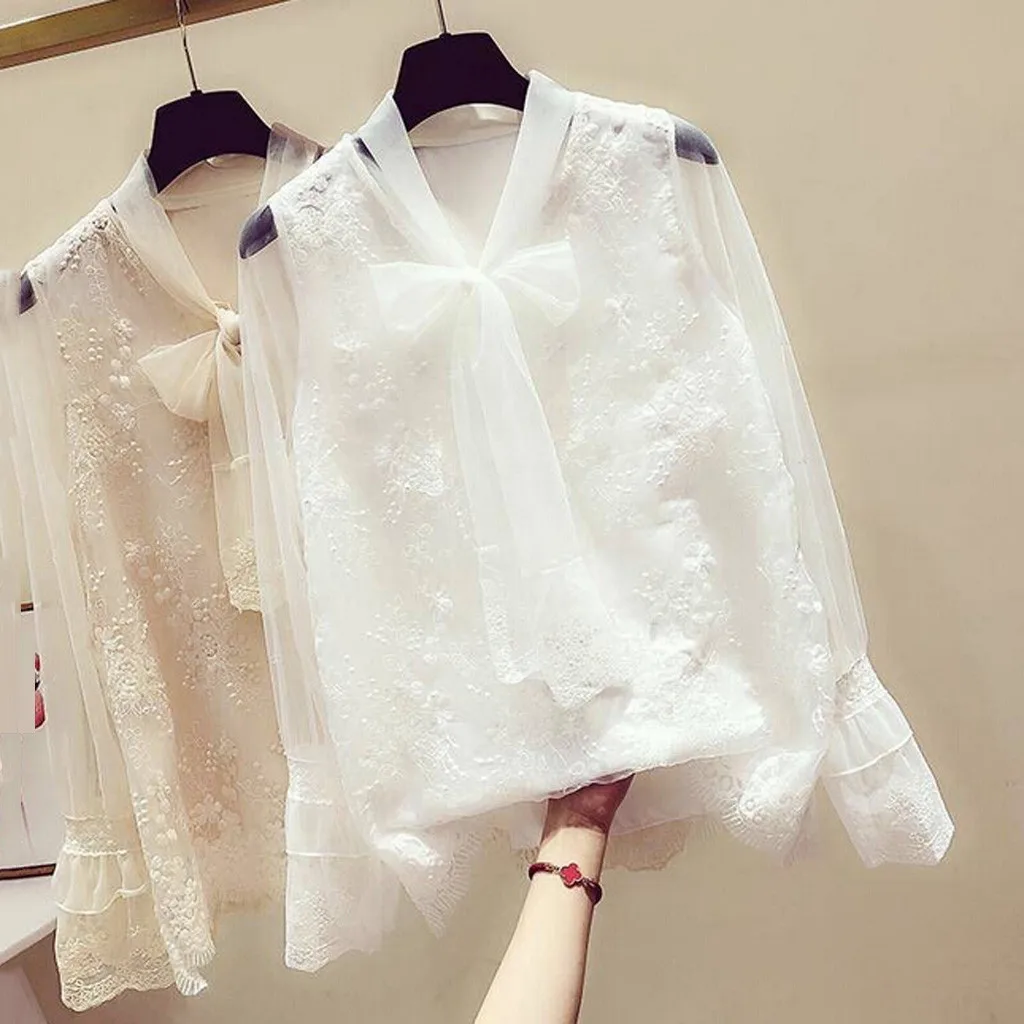 

Women Floral Lace Bow V-Neck Shirt Solid Chiffon Blouse Sweet Petal Long Sleeve Japan Korean Style Casual Tops#