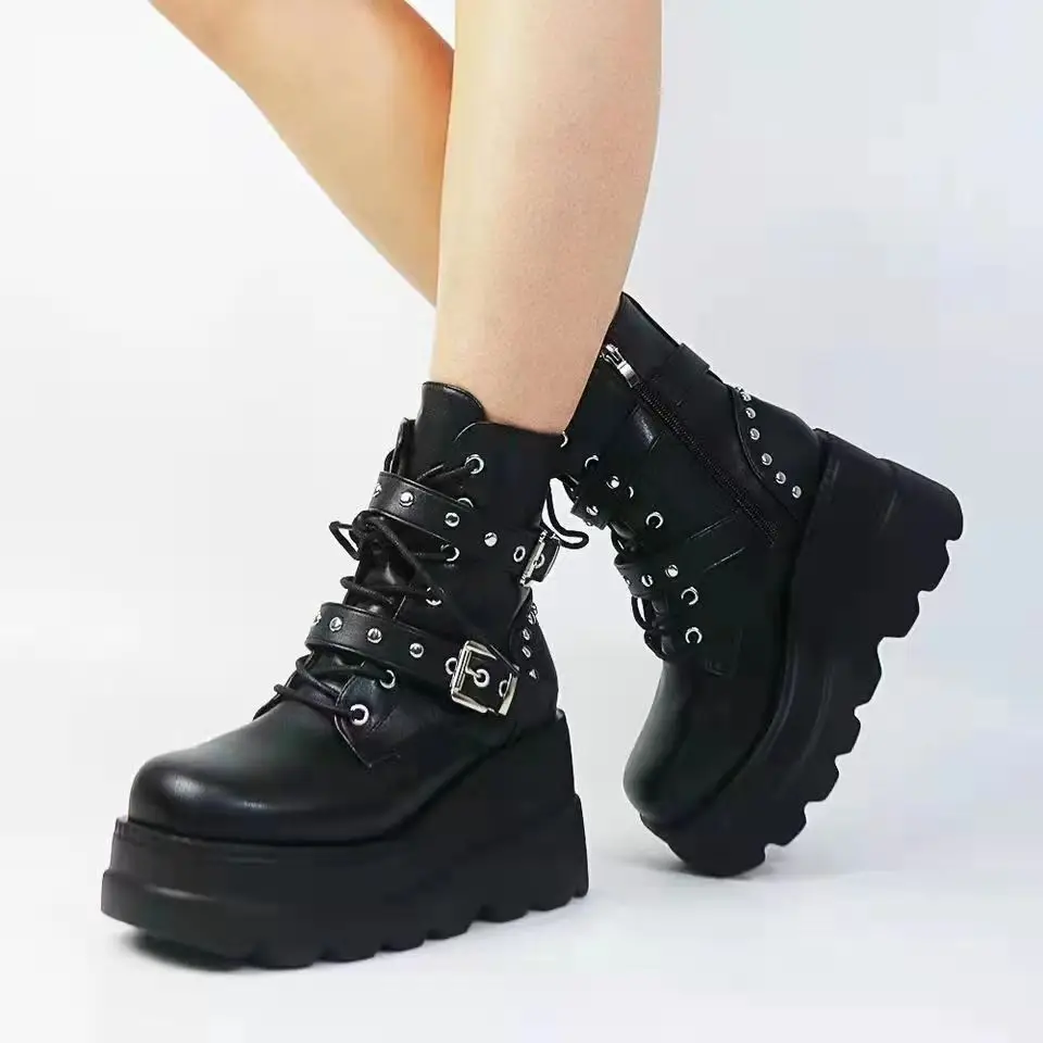 

Goth Platform Ankle Chelsea Boots Women New Rock Chunky Grunge Wedges Motorcyccle Shoes Big Sizes 43 Black Short Booty Woman