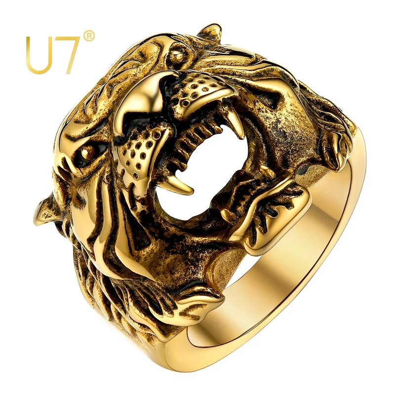 

U7 Stainless Steel Tiger Head Ring for Man Black Gold Color Retro Vintage Powerful 3D Vivid Animal Symbol Rock Punk Jewelry