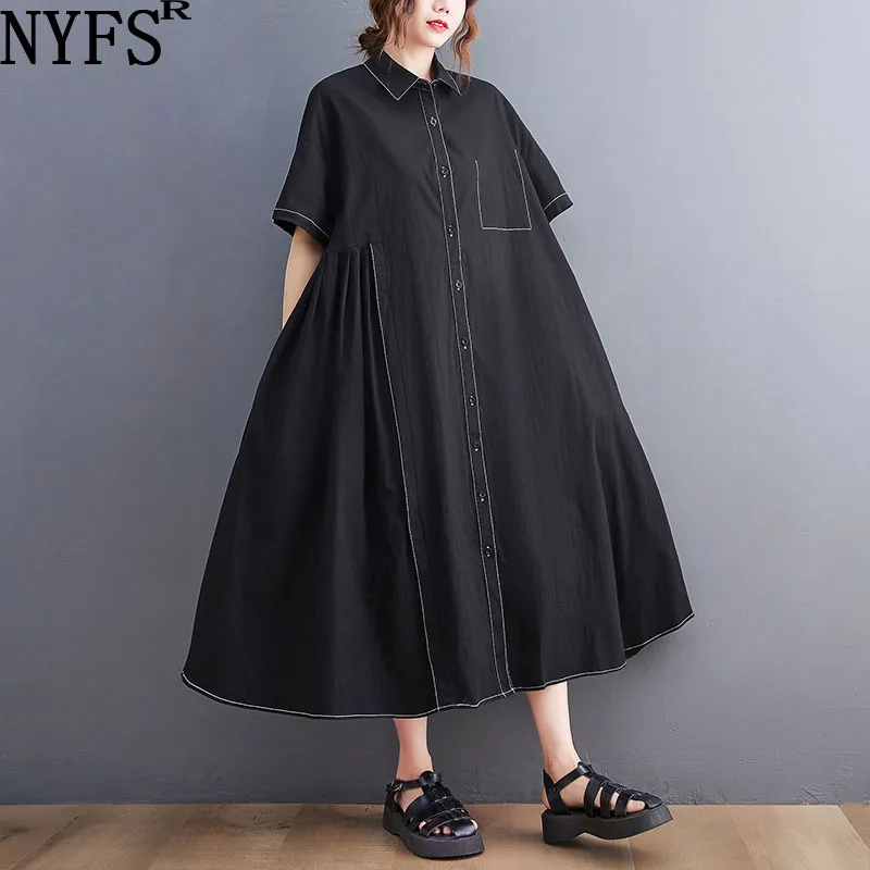 

Женское платье-рубашка с коротким рукавом NYFS, свободное офисное платье черного цвета с вышивкой, лето 2022