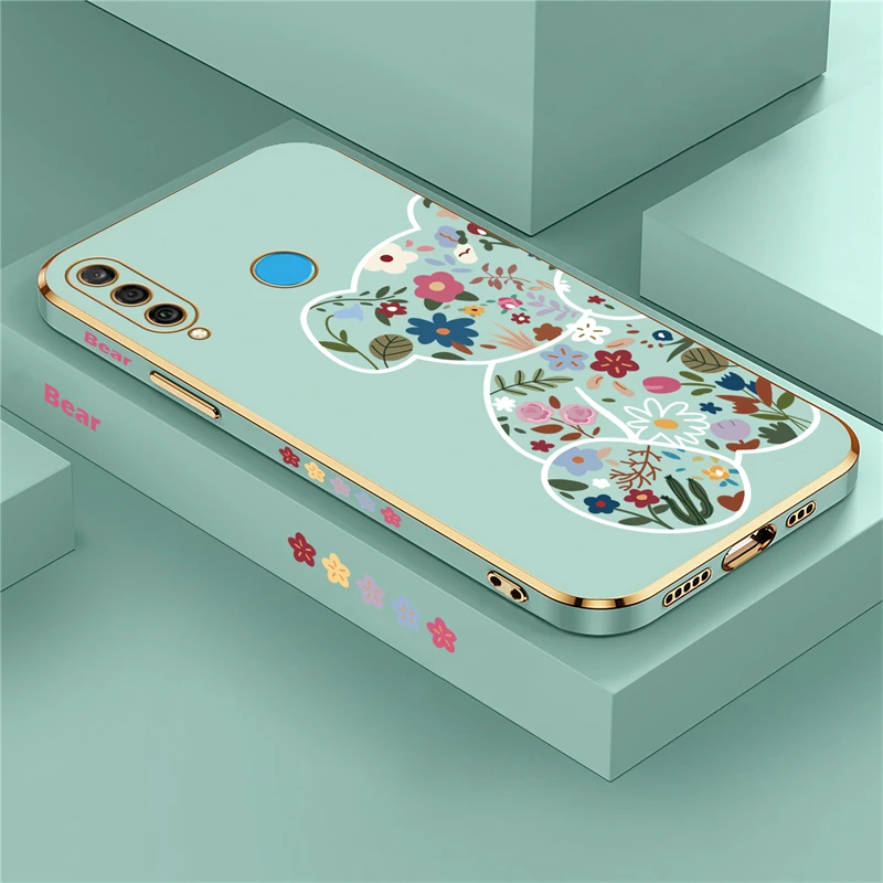 

Plating Bear Shockproof Soft Phone Case For Huawei P30 Lite P20 P40 Pro Mate 20X 30 40 Silicone Flower Cover Coque