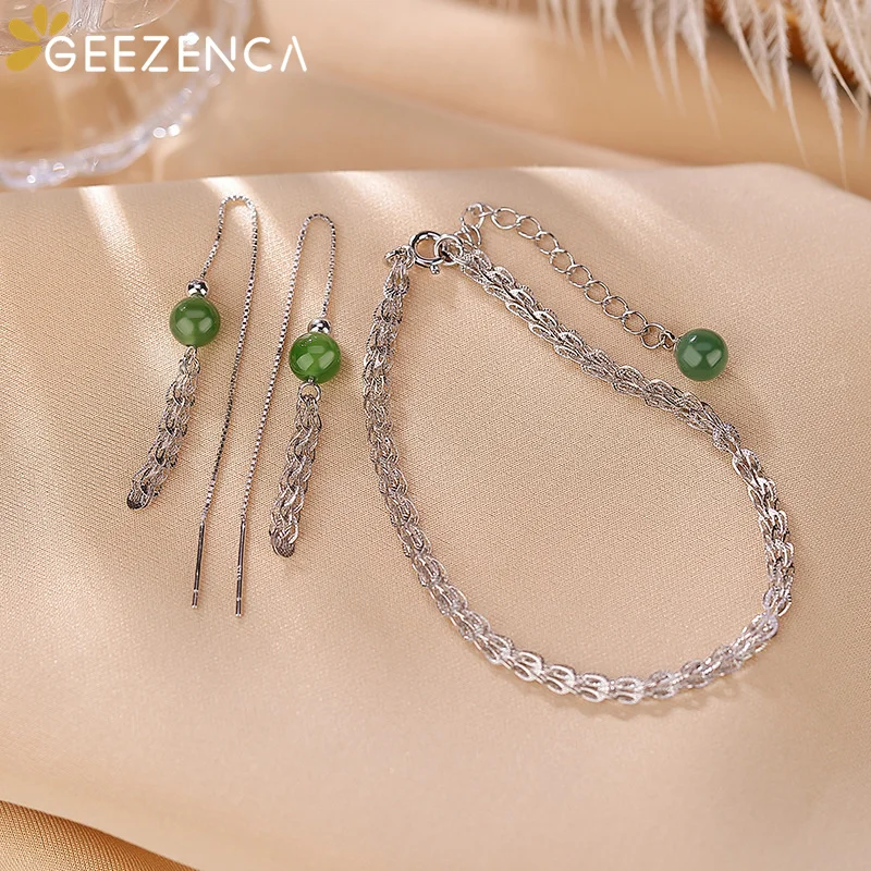 

GEEZENCA S925 Silver Phoenix Tail Chain Green Jasper Long Dangle Earrings Bracelets For Women Simple Trendy Gemstone Jewelry Set