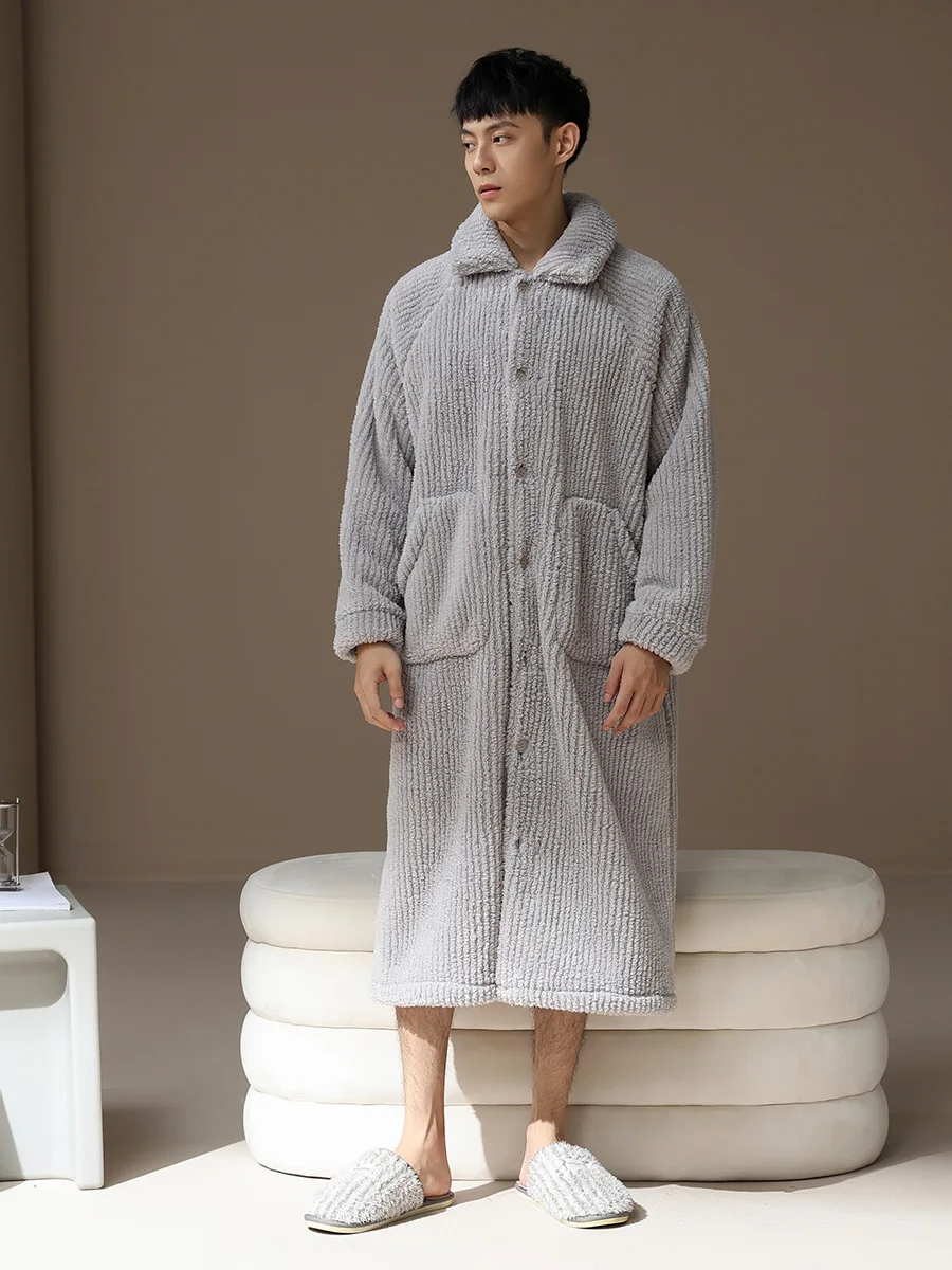 [Утолщенная флисовая подкладка] ночная рубашка мужская осенне-зимняя теплая