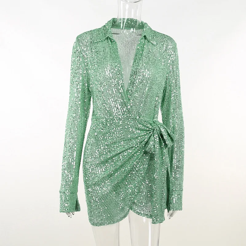 Women Sexy Short Shirtskirt 2023 New Sequins See Through Deep V-neck Long Sleeve Dress Fashion Slim Waist Bandage Party Dresses