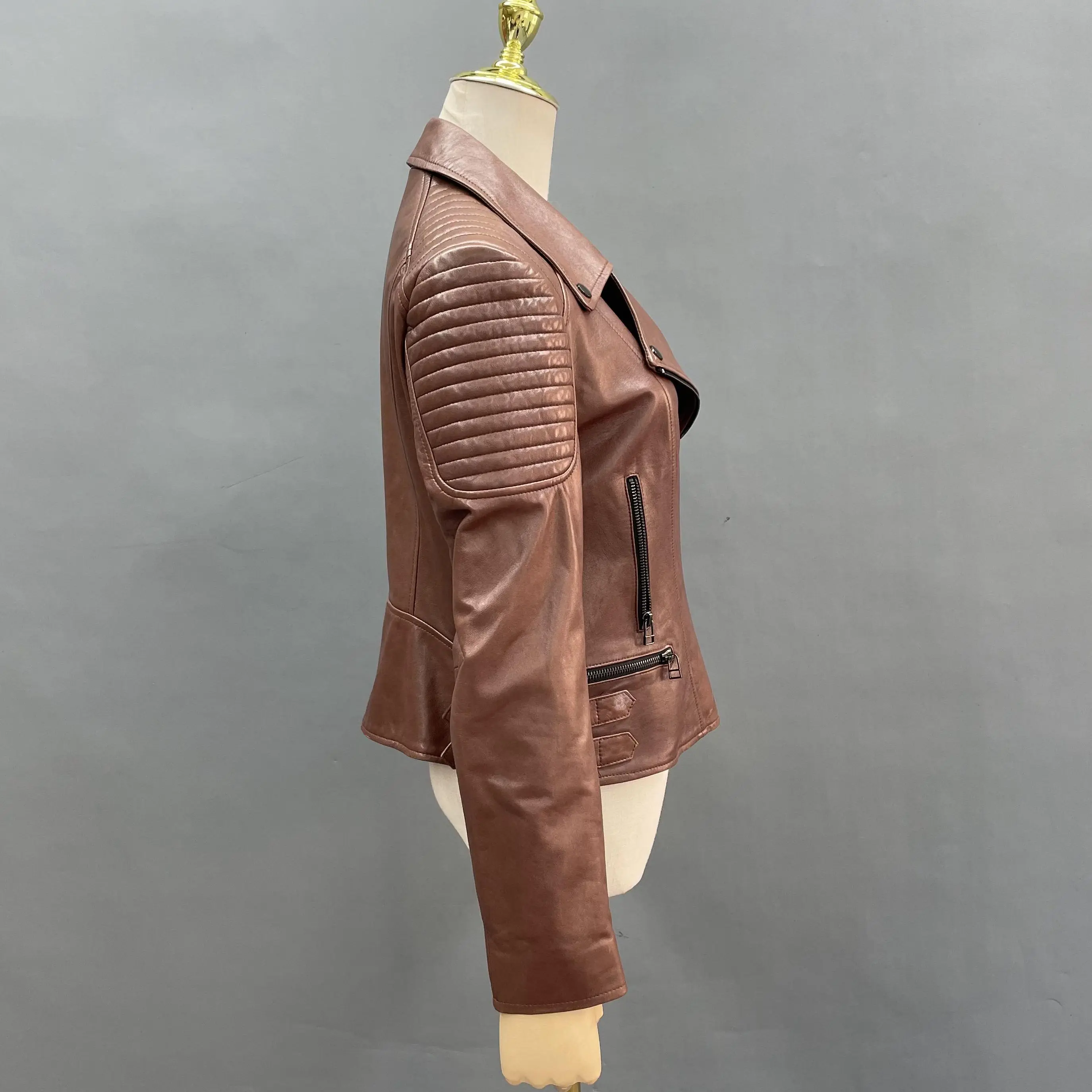 JANEFUR Women's Moto Biker Zipper Jacket 2023 New Real Leather Brown Streetwear Short Female Sheepskin Coats