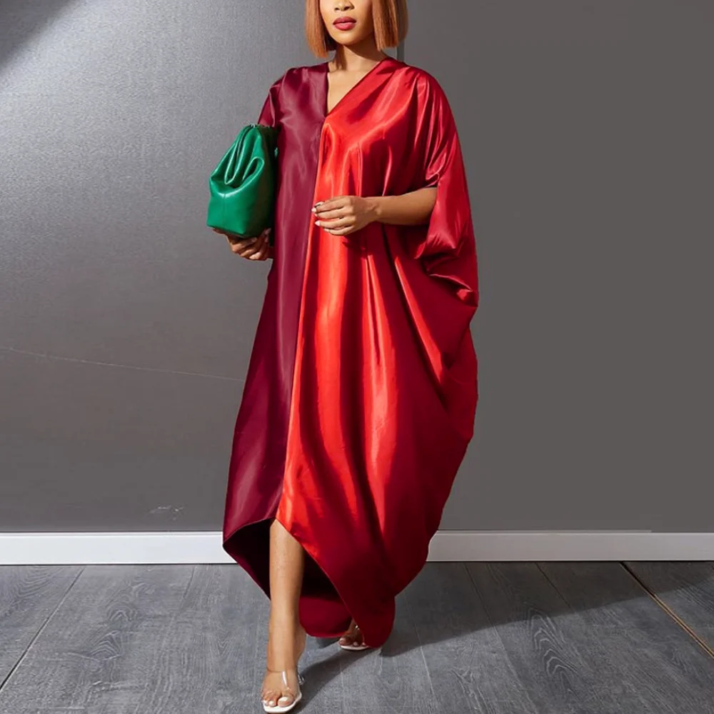 Women Fashion Loose Dress Long Sleeve V Neck Red Burgundy Patchwork Midi Dresses Fall Oversized Casual Christmas Robes 4XL 2022
