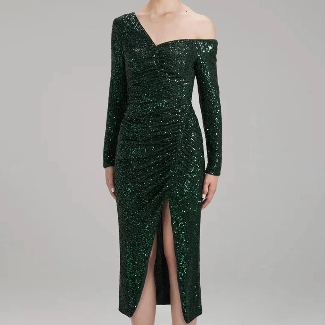 

Women Stretch Slim Sequin Midi Party Dress Diagonal Shoulder Asymmetric Long Sleeve High Waist lady dress