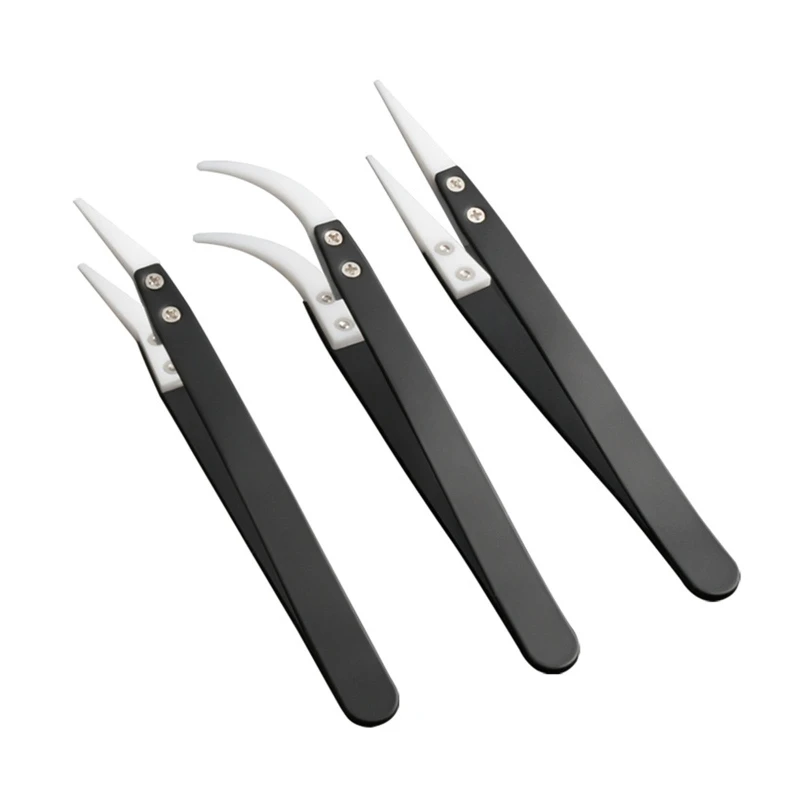 

3pcs/set Ceramic Reverse Tweezers Insulation Anti-Static Heat Resistant Non Conductive Tweezers Straight Curved Tip