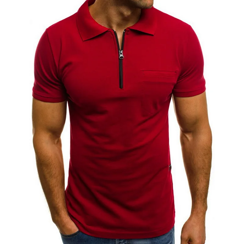 

2023HOTLaamei 2019 New Mens Polo Shirt Brand Short Sleeve Slim Shirt Solid Color Zipper Turn down Neck Polo shirt Men
