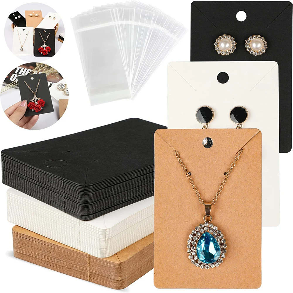 50pcs/Set Earring Display Card With 50pcs Self-Seal Bags Earring Card Holder Blank Kraft Paper Tags Necklace Cards DIY Jewelry