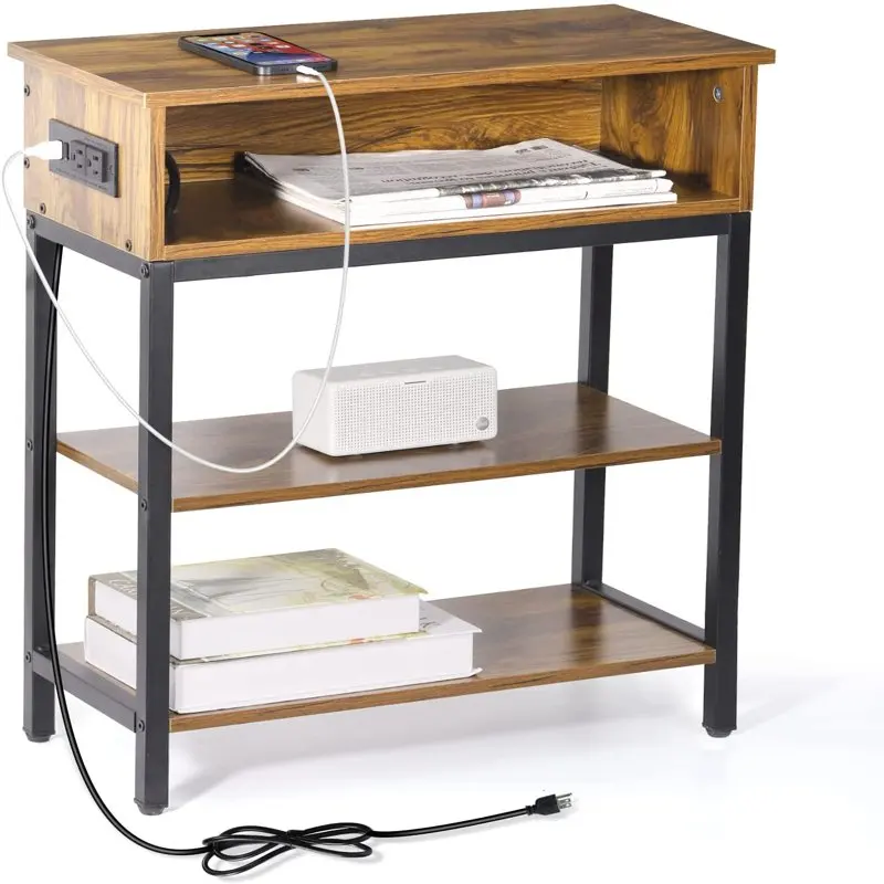 

Home End Table 3 Layers with Storage Shelf and Build-In Fast Charging Station with USB Ports Bedside Table in Rustic Burnt Wood
