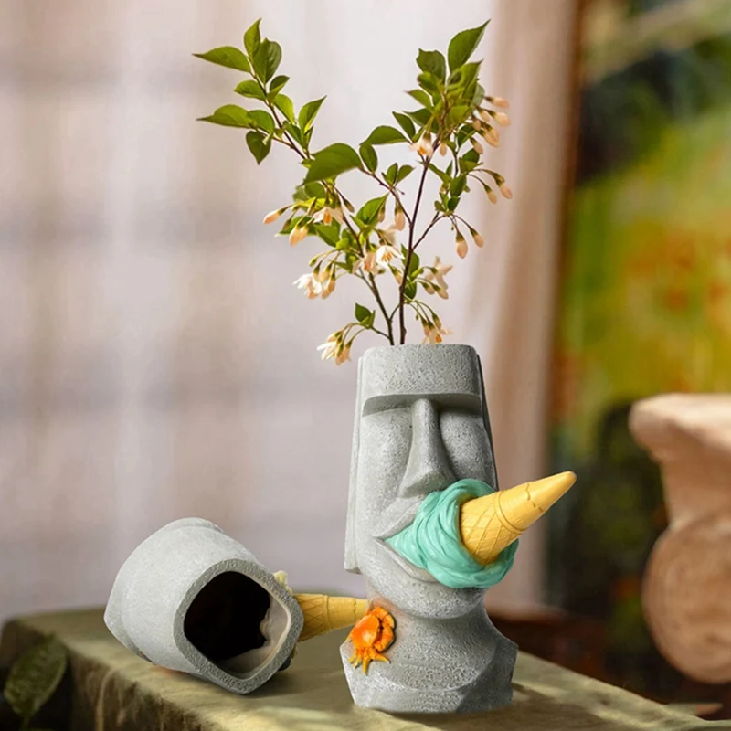 Ice Cream Statue Desktop Sculpture Easter Island Planter Pot Art Flower Arrangement Home Decor