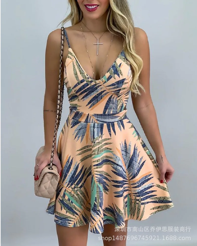 

2022 Summer Women's Sexy Dress Deep V Sleeveless Print Mini Dresses Fashion Backless High Waist A-line Beach Dress