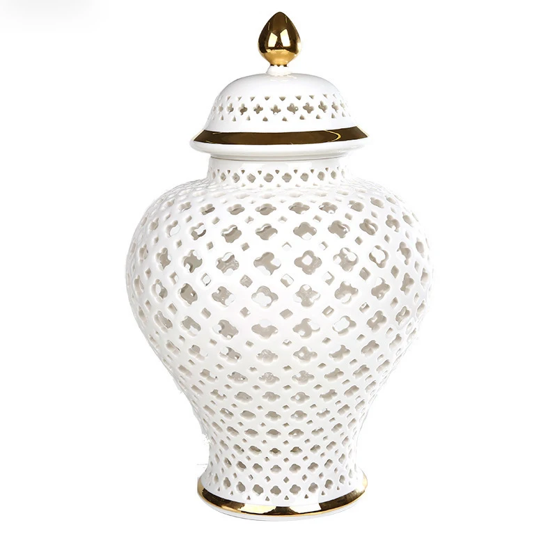 

Gold-plated Ceramic Vase White Hollow Storage Tank Exquisite Flower Arrangement Crafts Decoration Room Dining Table Flower Vase