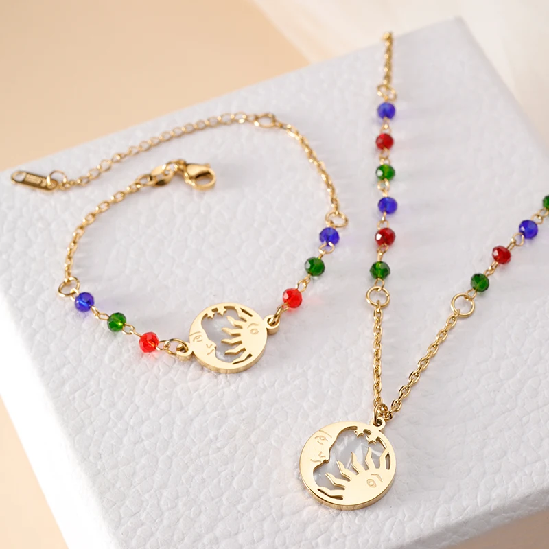

PAXA Colorful Beads Chain Moon Sun Pendant Stainless Steel Necklace Bracelet For Women New Fashion Waterproof Party Jewelry Sets