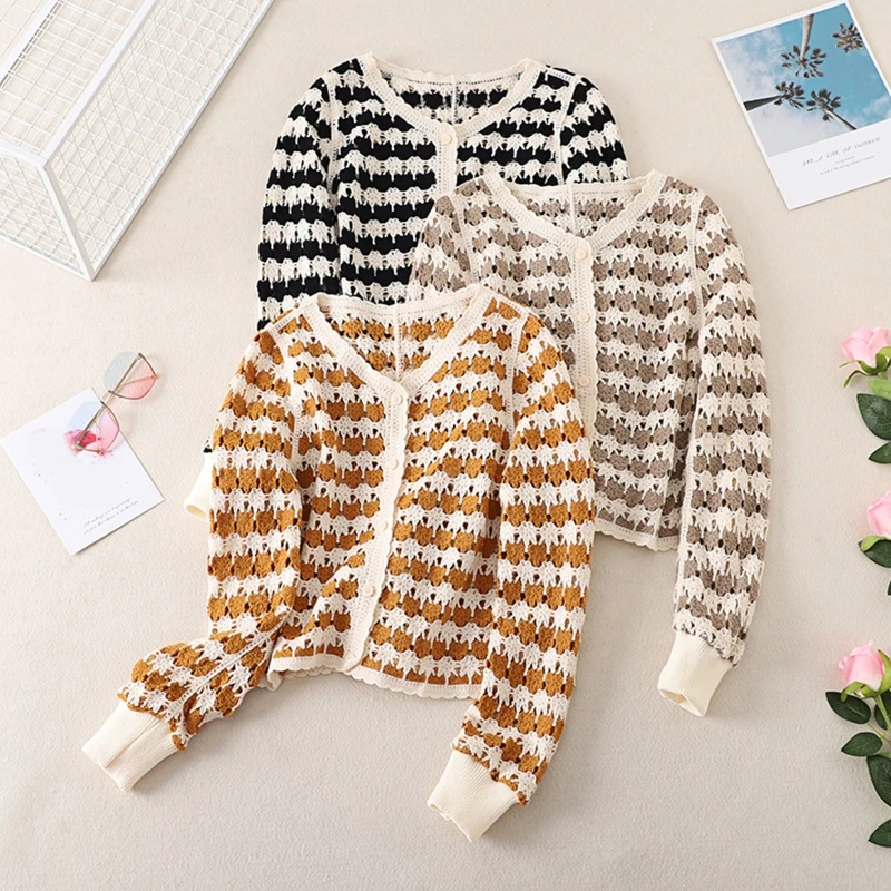 

French Crochet Tops for Women Loose Color Block Knit Cardigans Autumn Long Sleeves Crop Tops Thin Sweater Coat for Jacke