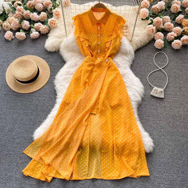 

Summer Women Vintage Polka Dot Skirts Suit Sleeveless Casual Shirts Tops A-Line Maxi Saya 2 Pieces Set Female Party Clothings