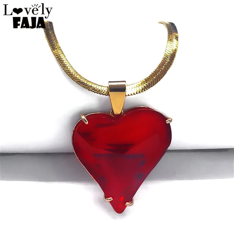 

Goth Big Multicolour Red Heart Glass Pendant Necklace for Women Stainless Steel Snake Clavicle Chain Choker Necklaces Jewelry