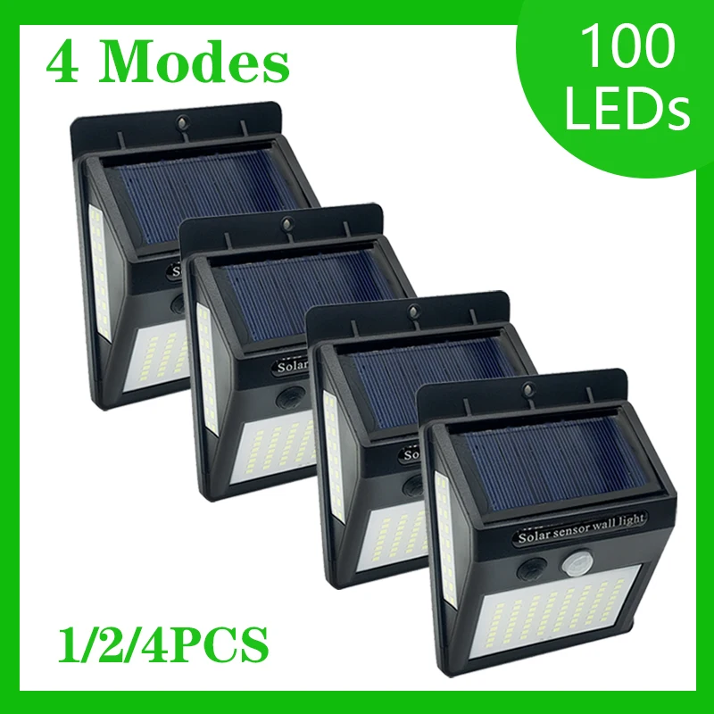 

4PCS 100 LED Solar Light Outdoor Solar Wall Lamp PIR Motion Sensor Lamp Waterproof Solar Light for Garden Decoration Street.