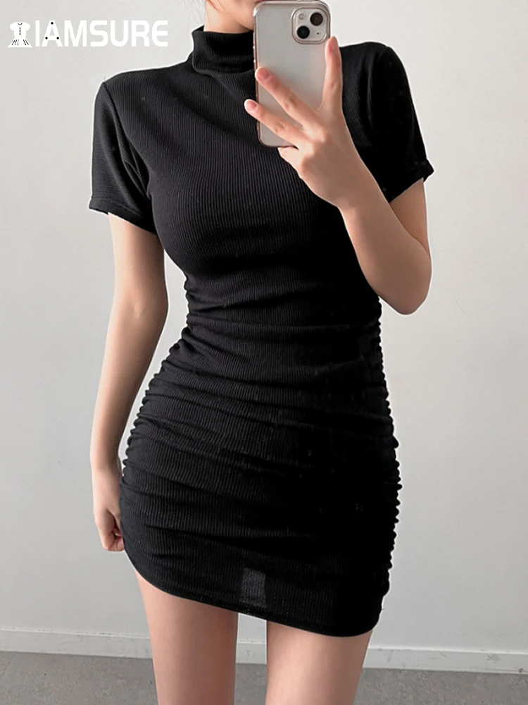 

IAMSURE Basic Solid Drawstring Bodycon Dress Casual Turtleneck Short Sleeve Mini Dresses For Women 2022 Spring Autumn Streetwear