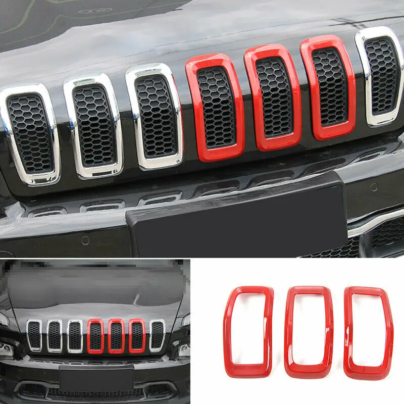 

Fit For Jeep Cherokee 2014-2018 ABS Red Front Grille Grill Ring Cover Trim 3PCS