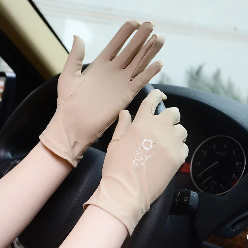 

Women Summer Sun Protection Gloves Short Stretch Solid Embroidery High Quality Lady Anti UV Slip Resistant Driving Glove