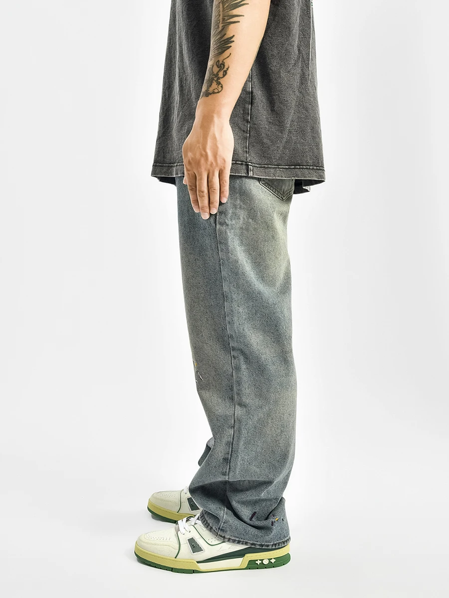 Four Seasons Men Jeans Spray Paint Splash Ink Printing Straight Loose Casual Wide Leg Pants Fashion Streetwear Men Ins Hot Sale