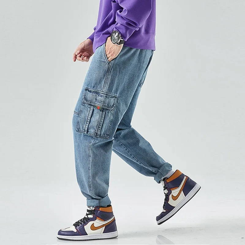 Men's Fashion Slim Fit Workwear Jeans Korean Style Small Foot Pants Spring and Autumn Multi-pocket Casual Pants Baggy Jeans