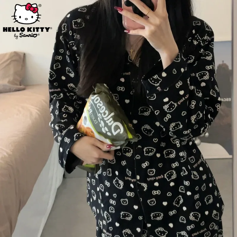 

Kawaii Sanrio Hello Kitty Printing Cotton Black Pajamas Women's Spring Autumn Long Sleeve Long Pants Cartoon Household Suit