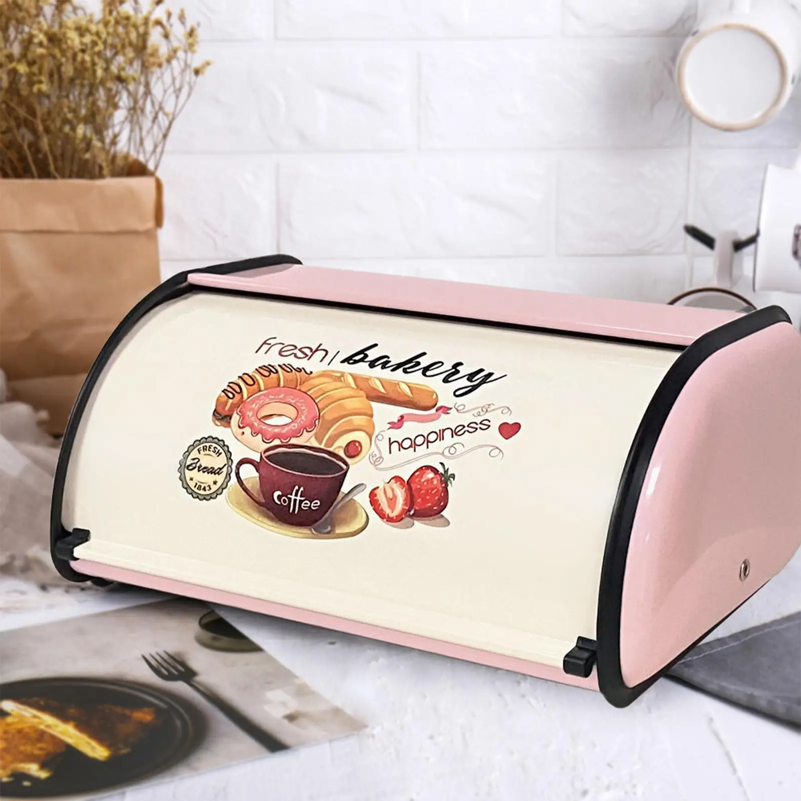 Bread Box Large with Roll Top Lid Rustic Metal Vintage Holder Organizer Container for Kitchen Home Counter Sandwiches Muffins