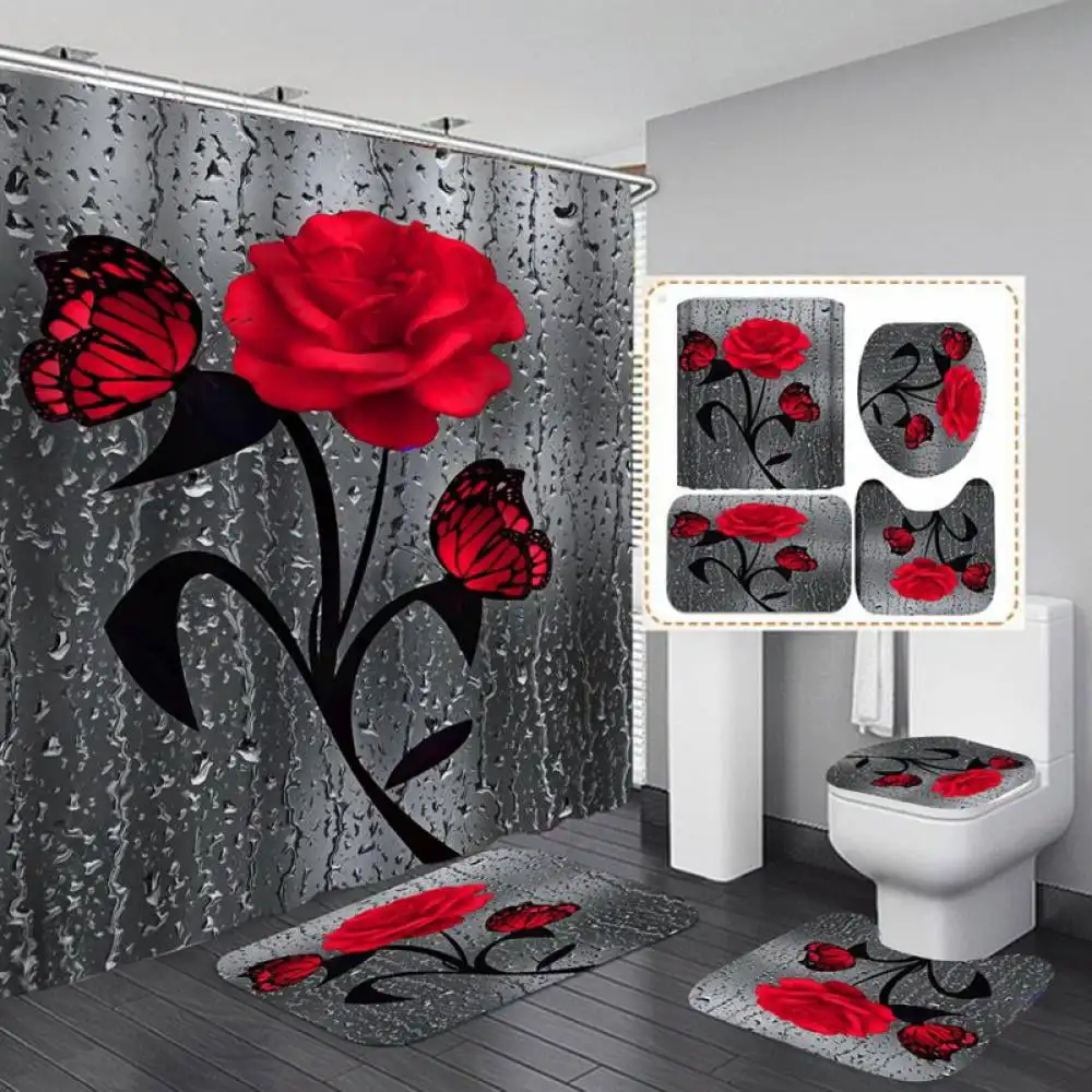 

Красная роза, фотообои с нескользящей искусственной крышкой и ковриком для ванной, водонепроницаемые шторы для душа из полиэстера, декор для ванной комнаты