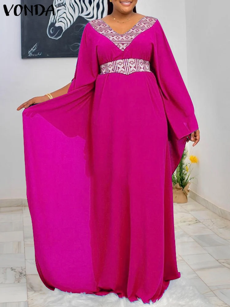 

VONDA Women Pleated Trumpet Sleeve Robe Printed Vestido Oversized Fashion V Neck Sundress 2022 Summer Elegant Long Maxi Dresses