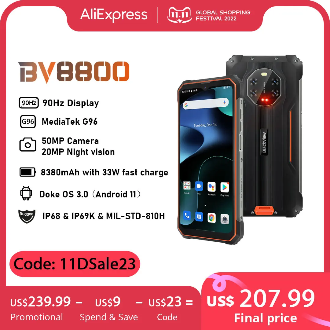 Ceny [W Magazynie] BLACKVIEW BV8800 Wytrzymały Smartfon 90Hz Wyświetlacz 8GB + 128GB Helio G96 8380mAh 50MP Aparat Telefon Komórkowy Wersja Globalna