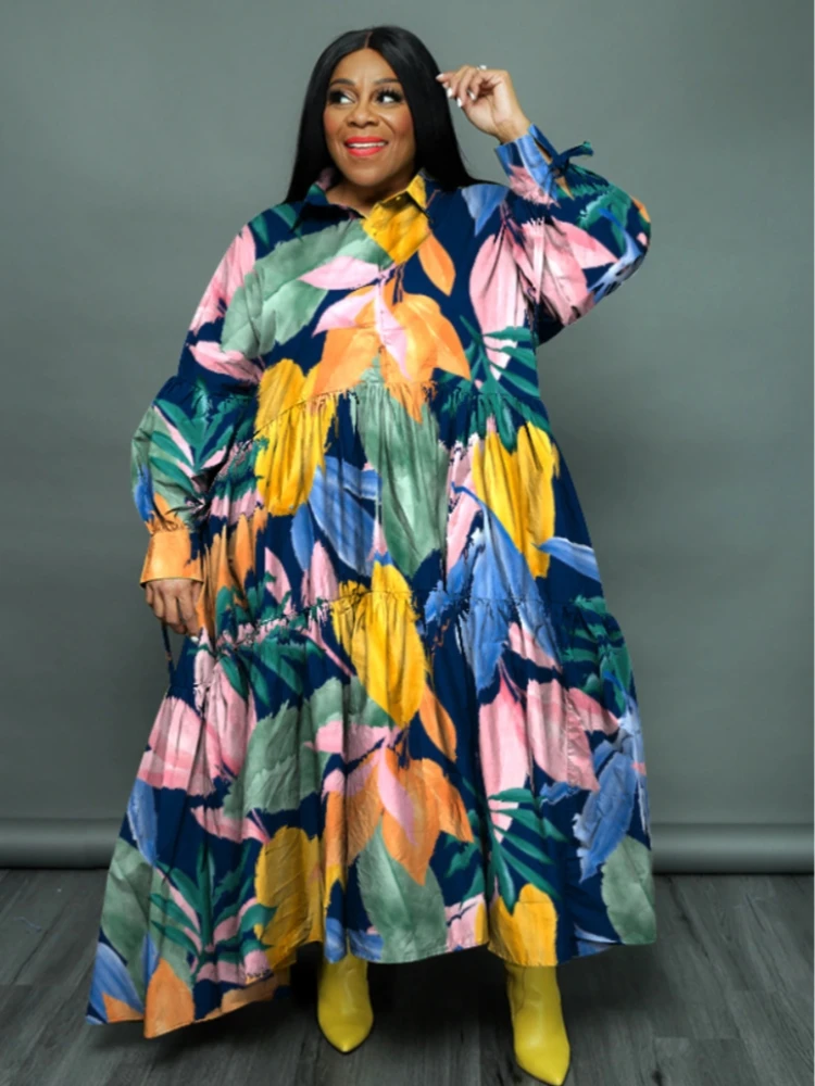 L-5XL Plus Size Blouse Maxi Dress For Women Summer 2023 Print Long Sleeve Casual Loose Party Dresses Robe Grande Taille Vestidos